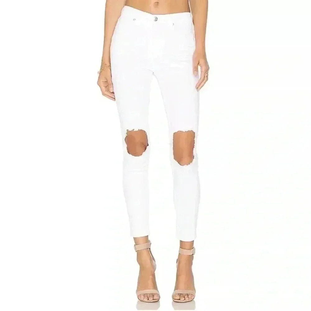 [W28] Free People  OB636273R Busted Knee Skinny Mid Rise Ankle Jeans White